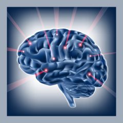Brain and beams on blue background.